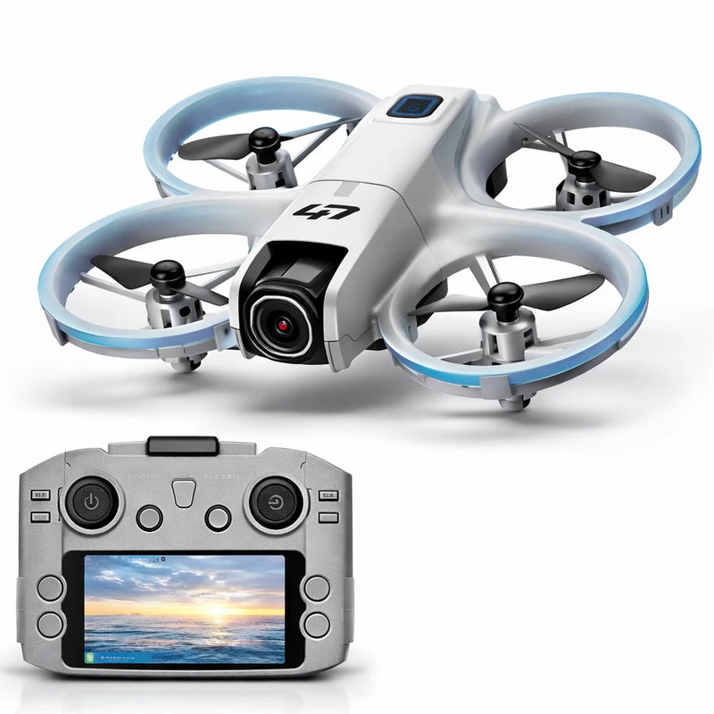 White mini quadcopter drone with 4K camera and blue prop guards; includes remote