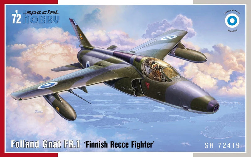 Folland Gnat FR.1 1/72 scale model aircraft in gray and green camouflage, front 3/4 view