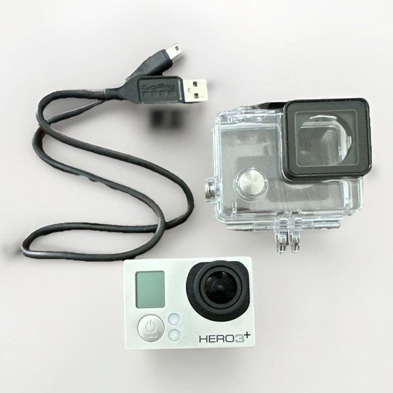 Action camcorder camera with clear waterproof case and USB cable