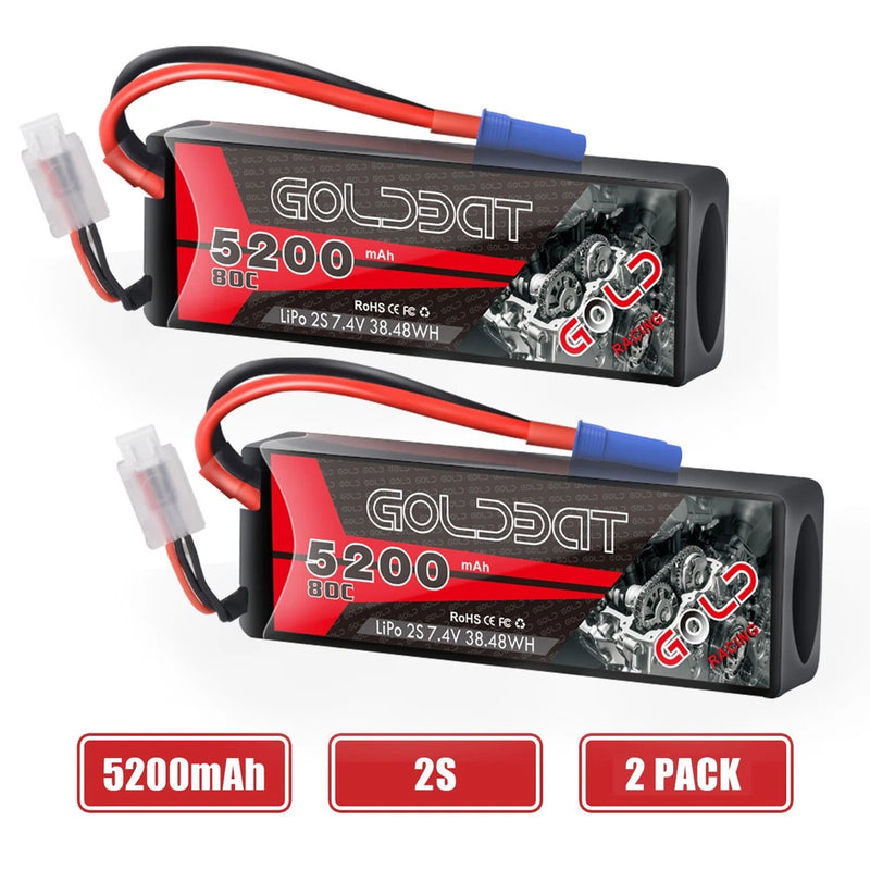 2Pcs 5200mAh 2S 7.4V 80C EC5 Plug RC LiPo Battery HardCase for RC Car Boat Buggy Battery