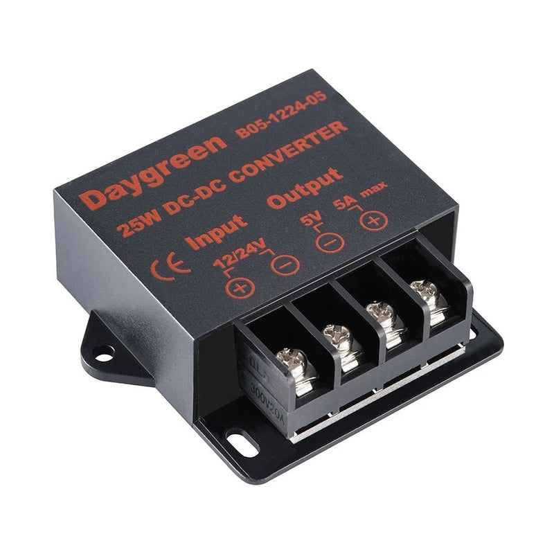 DC-DC converter module with screw terminals, black metal enclosure, Daygreen label