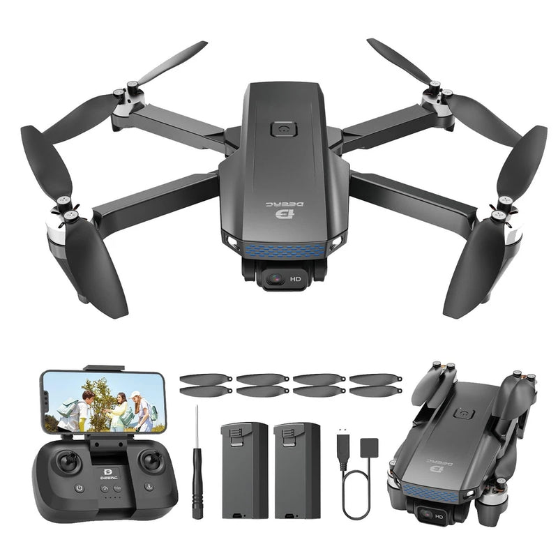 Black quadcopter drone with camera, four propellers and remote controller elements