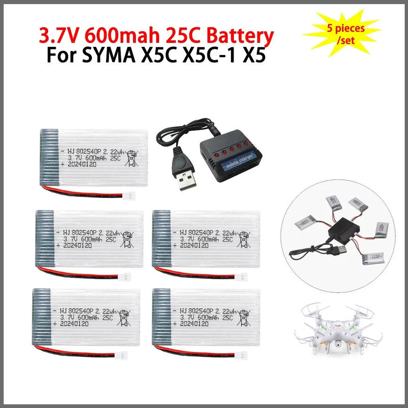 5¡Á 3.7V 600mAh 25C Lipo battery XH2.54 Plug For Syma X5c X5c-1 X5 RC Quadcopter Battery