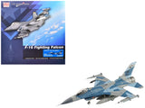 Blue and gray F-16C Fighting Falcon aircraft model with missiles and wings extended