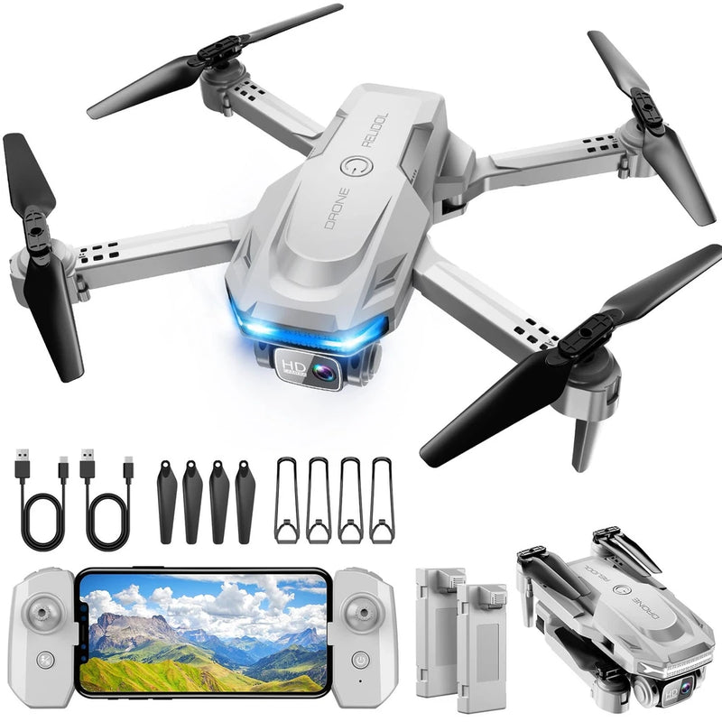 Foldable quadcopter drone with 1080p camera, grey body and four black propellers