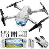 Foldable quadcopter drone with 1080p camera, grey body and four black propellers