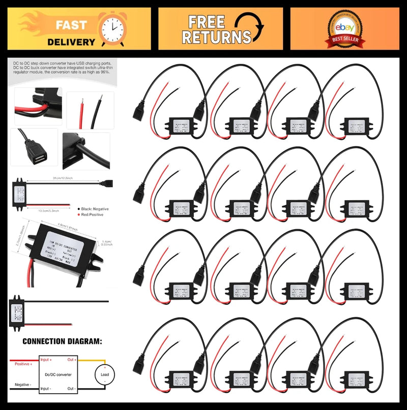 16Pcs 12V to 5V DC Buck Converter Module USB Power Adapter Car Regulator