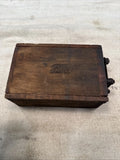 Antique wooden battery ignition coil box with Ford script, dark brown, dovetail corners