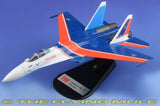 Hobby Master 1:72 Su-35S Flanker-E model airplane, blue and orange on black stand