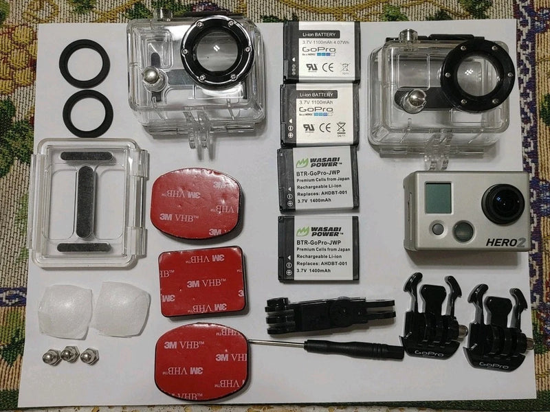 GoPro HERO2 action camera kit with batteries and mounting accessories