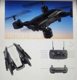 Foldable quadcopter drone with remote controller, showing folded arms and camera pod