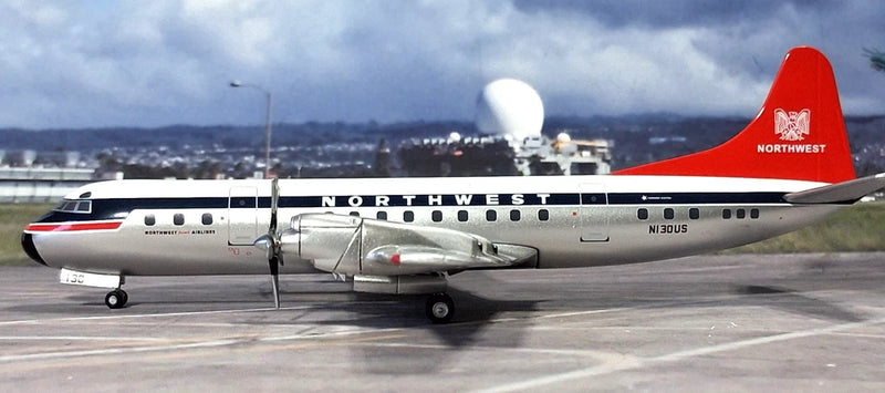 Northwest Airlines Lockheed L-188C Electra model plane, 1:200, white with red tail