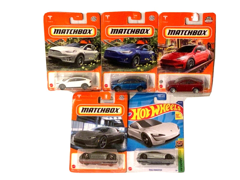 Hot Wheels Matchbox ~Tesla lot of 5 ~  Roadster , Model X & Y ~Carded