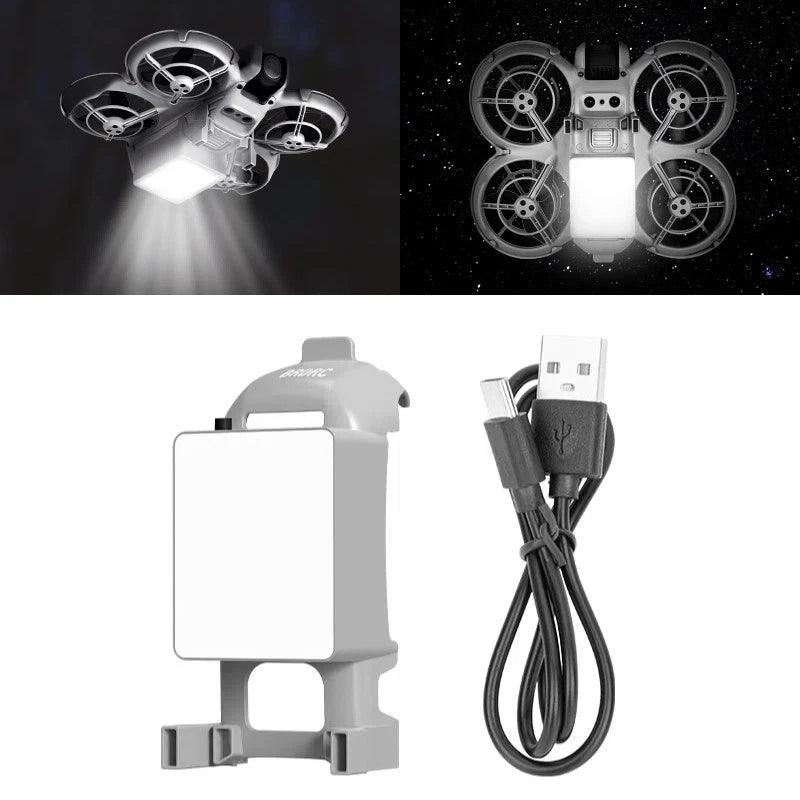 Drone landing gear accessory with LED lamp and USB charging cable, grey