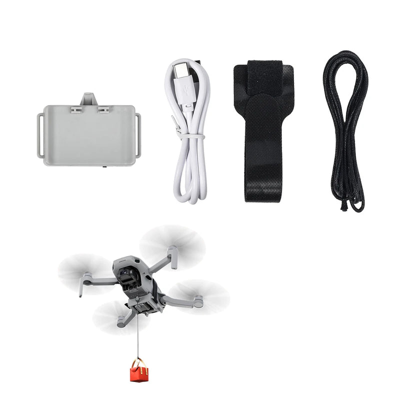 Drone air-dropping dispenser kit with case, strap, and drop mechanism