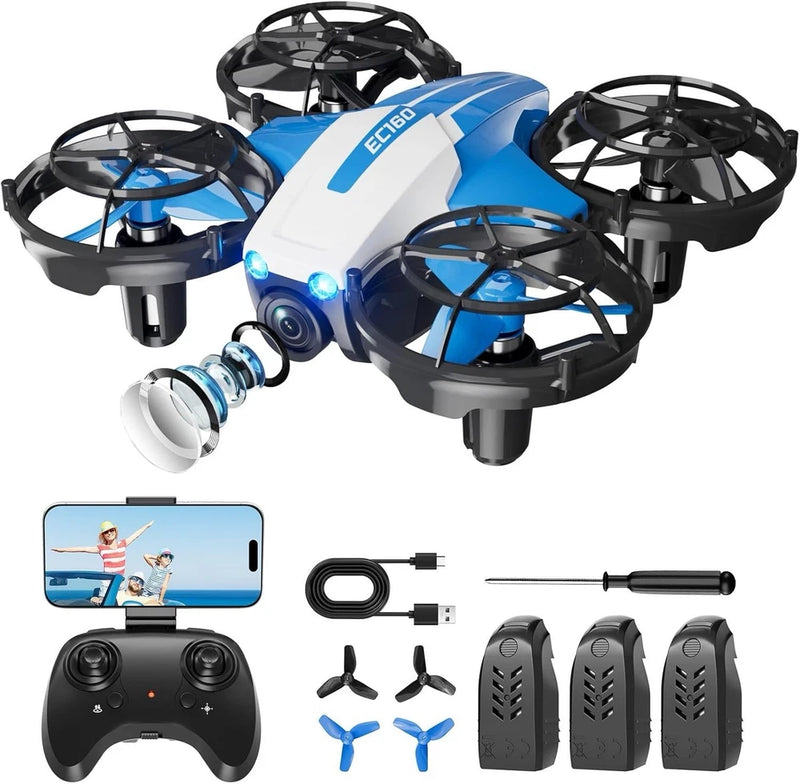 Blue and white mini quadcopter drone with camera, remote controller, spare batteries