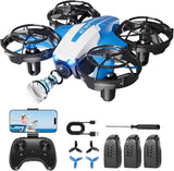 Blue and white mini quadcopter drone with camera, remote controller, spare batteries