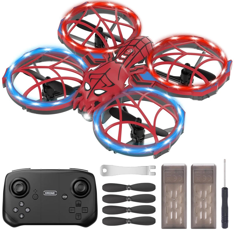Kids mini red and blue drone with LED ring propellers and handheld remote controller