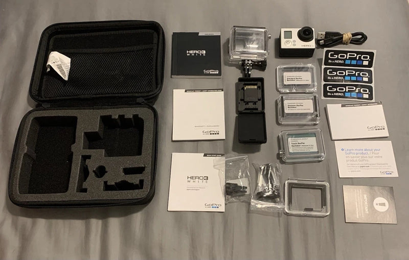 GoPro HERO3+ silver action camera kit with mounts, case, and accessories