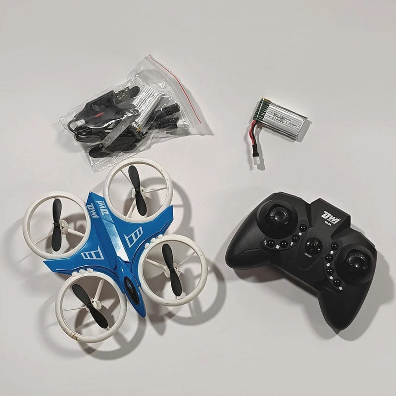 Blue mini quadcopter drone with four propellers and black 4-channel remote controller