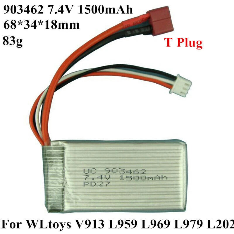 RC LiPo T-plug battery pack, 7.4V 1500mAh with red/black wire connector