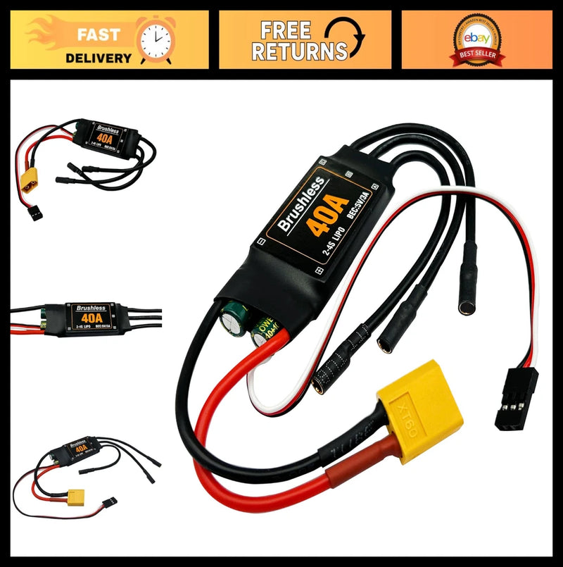 40A brushless ESC speed controller with XT60 plug, red/black wiring and black module