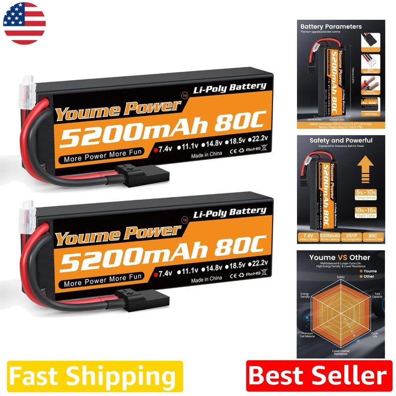 Youme 2S Lipo Battery 7.4V 5200mAh 80C Hardcase TR (2pcs) High Performance Battery