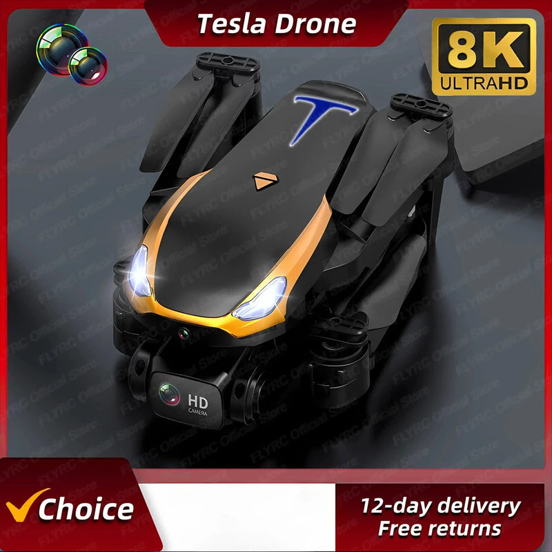 Black RC quadcopter drone with orange accents, illuminated front lights and propellers