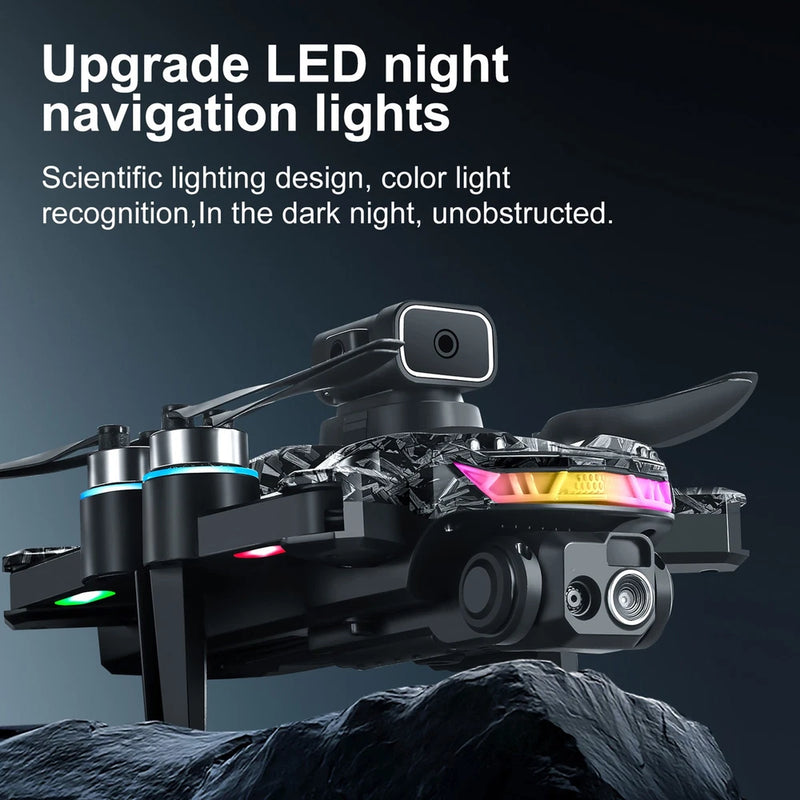 Quadcopter drone with front camera and multicolor LED navigation lights