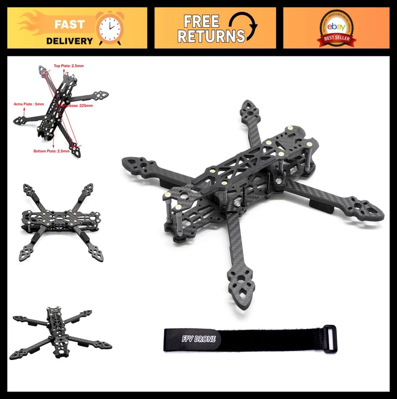 225mm Carbon Fiber FPV Racing Drone Frame Kit - 5" Quadcopter Freestyle, Lipo St