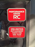 RC stunt drone packaging with red performance grade and replacement parts labels