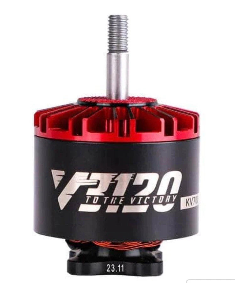 Black drone motor with red anodized top and silver metal shaft