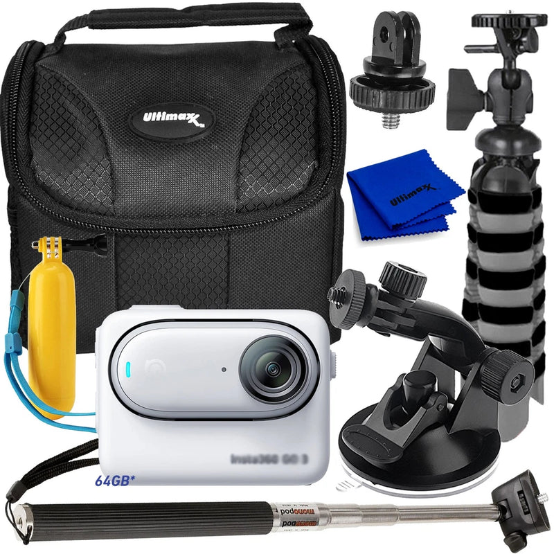 Action camera accessory bundle with white camera, black case, mounts, blue cloth