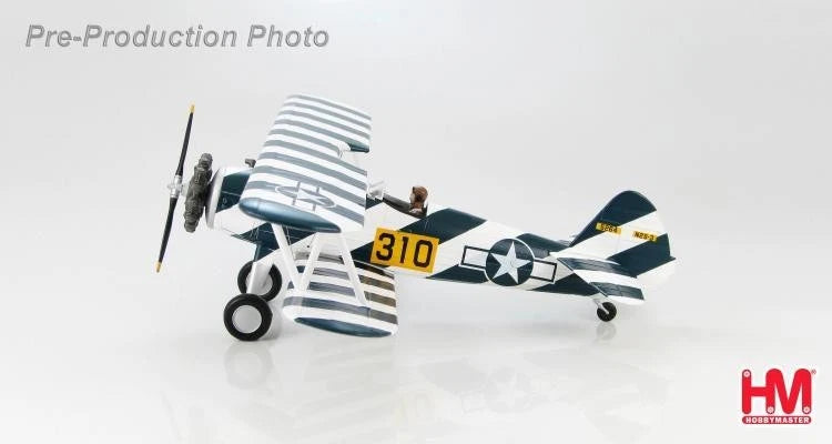 Hobbymaster 1:48 Boeing Stearman biplane model with blue-and-white stripes, yellow 310