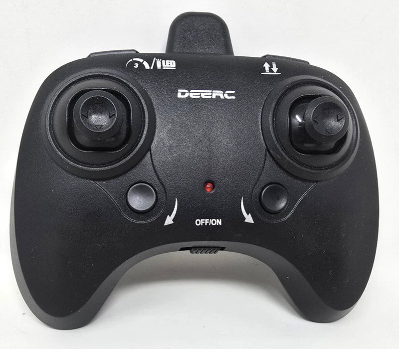 Black DEERC helicopter remote control with two thumb joysticks and OFF/ON switch