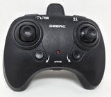 Black DEERC helicopter remote control with two thumb joysticks and OFF/ON switch