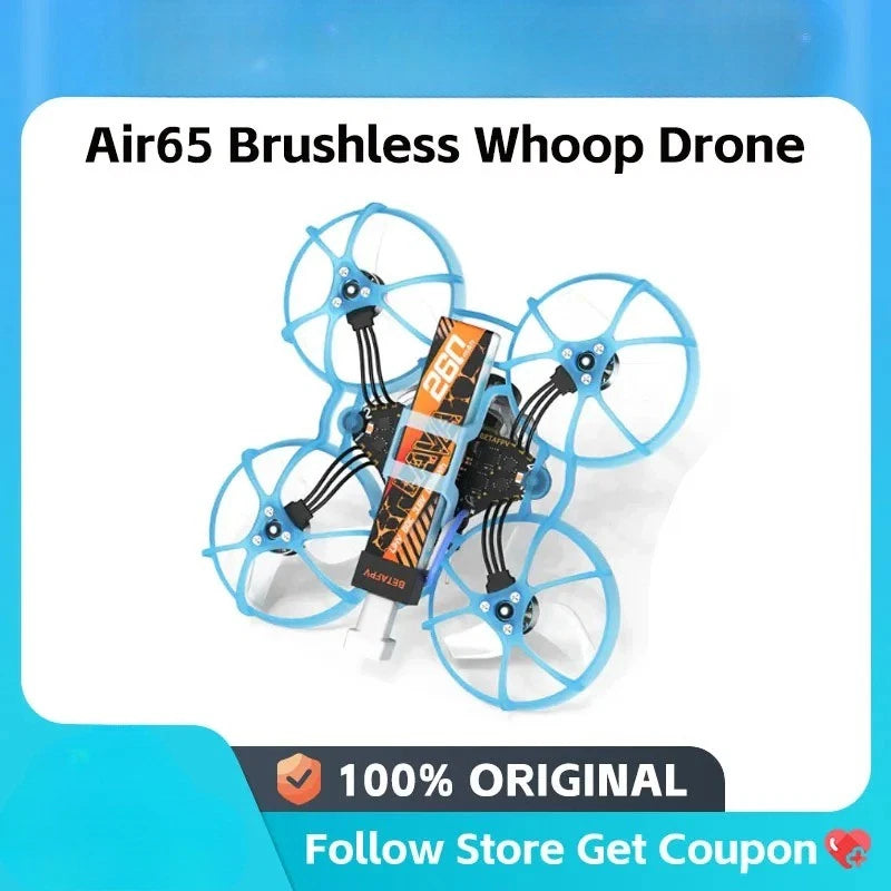 Blue brushless quadcopter drone with four propellers and orange control module