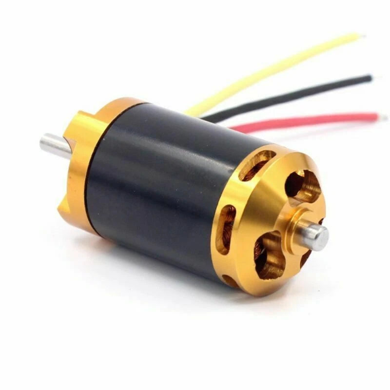 Brushless RC drone motor with black cylinder and gold aluminum end mounts, metal shaft