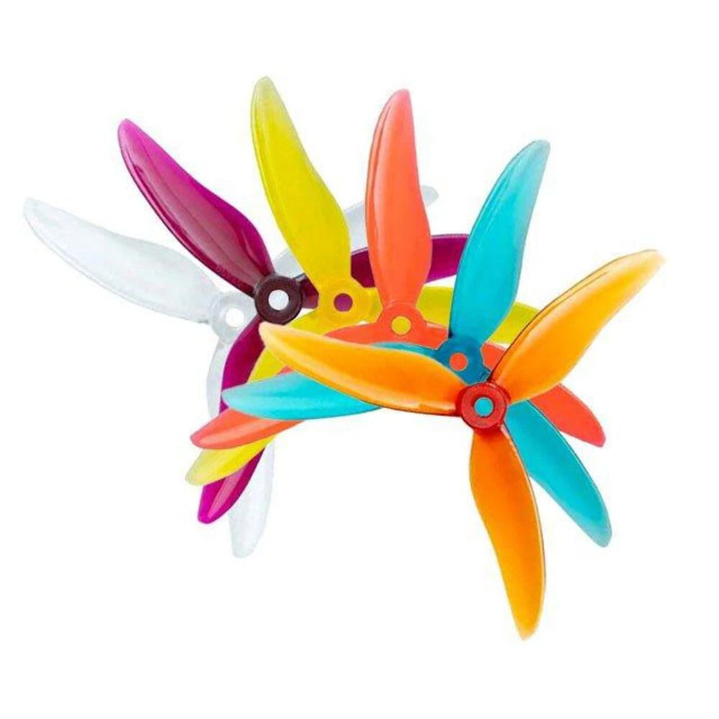 Tri-blade FPV drone propellers in bright colors, 4-pack set