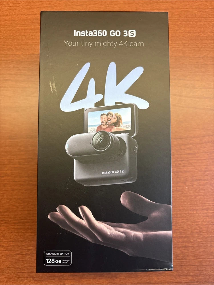 Insta360 GO 3S action camera box, midnight black, 4K, 128GB.