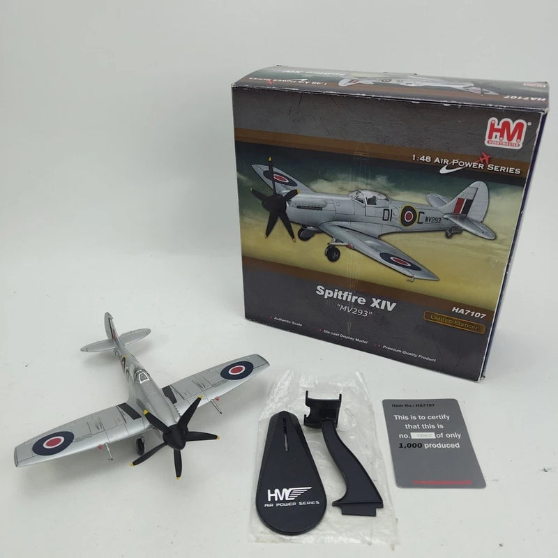 1:48 Spitfire XIV model kit in box with gray aircraft and accessory bags