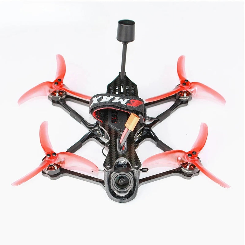 FPV quadcopter drone with red propellers, central camera and black carbon frame