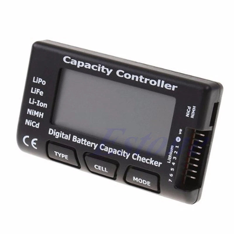 Digital battery capacity checker with LCD screen, buttons, and cell port for LiPo/LiFe/Li-ion