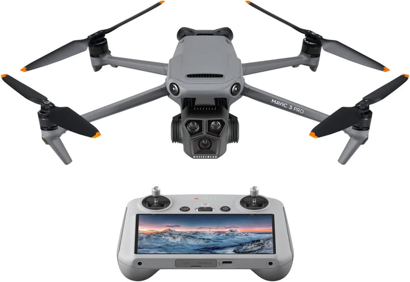 DJI Mavic 3 Pro quadcopter drone with front cameras and RC screen controller