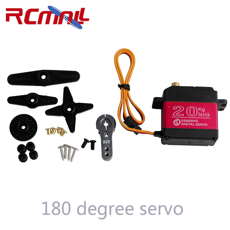 180-degree digital RC servo motor with metal gear, includes mounting hardware and horns