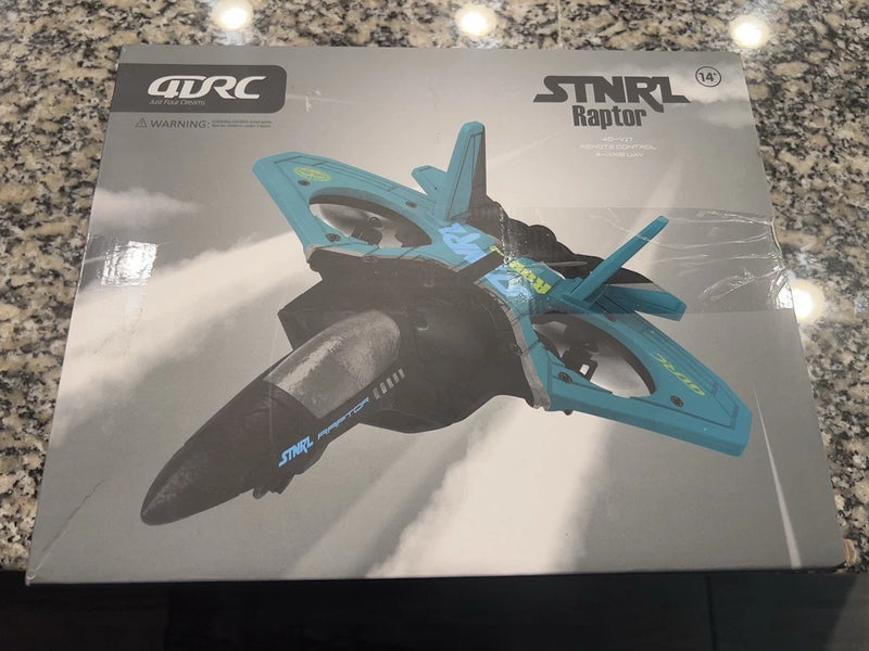 STNRL Raptor indoor/outdoor drone retail box with turquoise and black aircraft