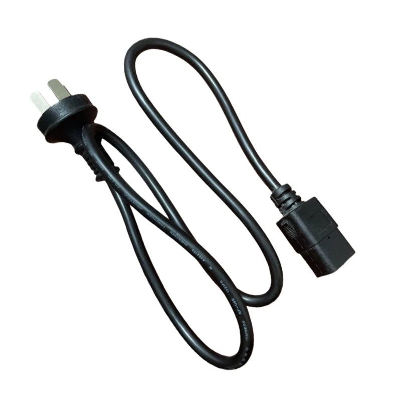 Black AC power cable with two-prong plug and IEC-style connector