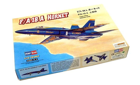 HOBBYBOSS F/A-18A Hornet 1/72 model kit box with blue fighter artwork
