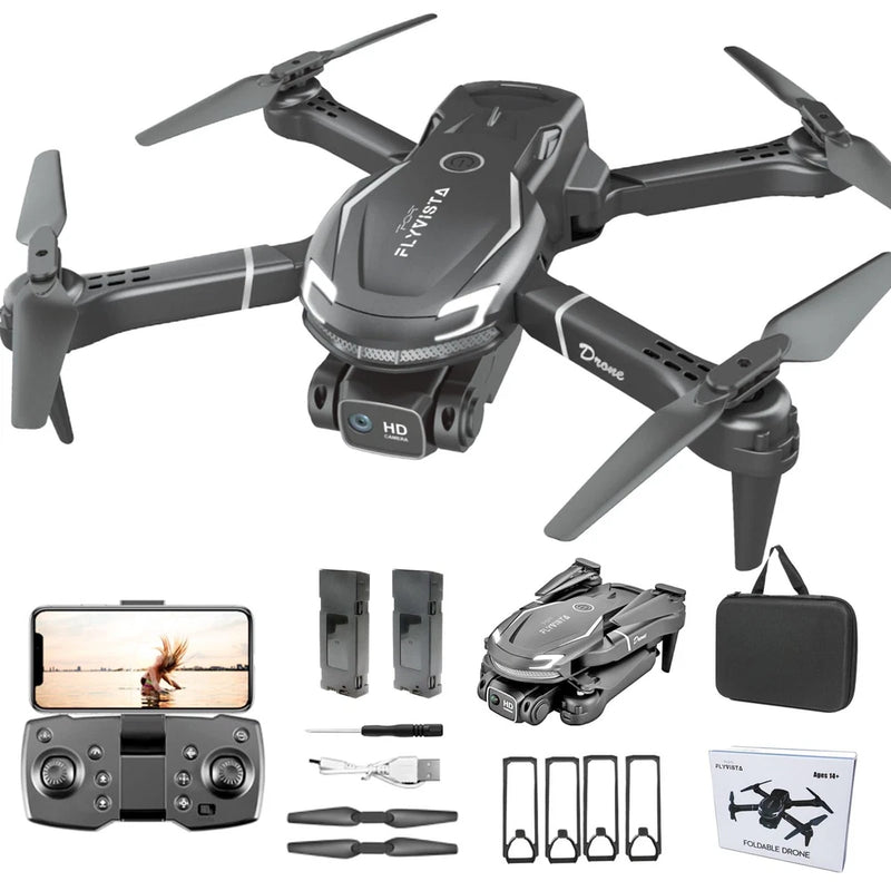 Black mini quadcopter drone with camera and four foldable propellers.