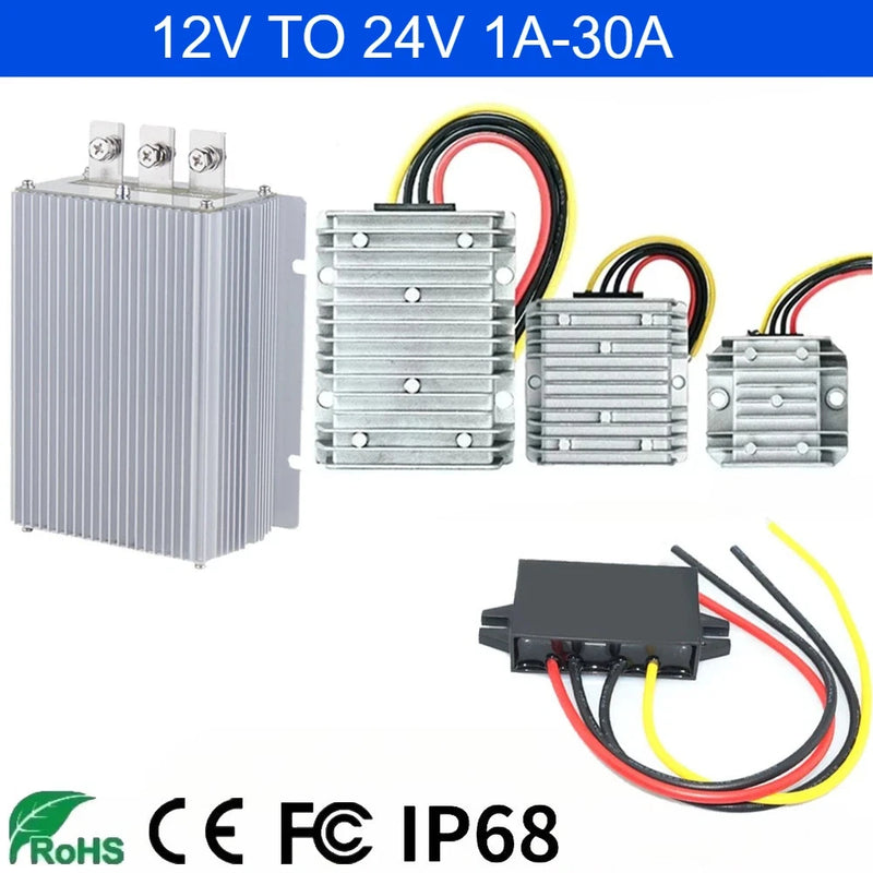 DC-DC boost converter module with heatsinks and red/black wire leads